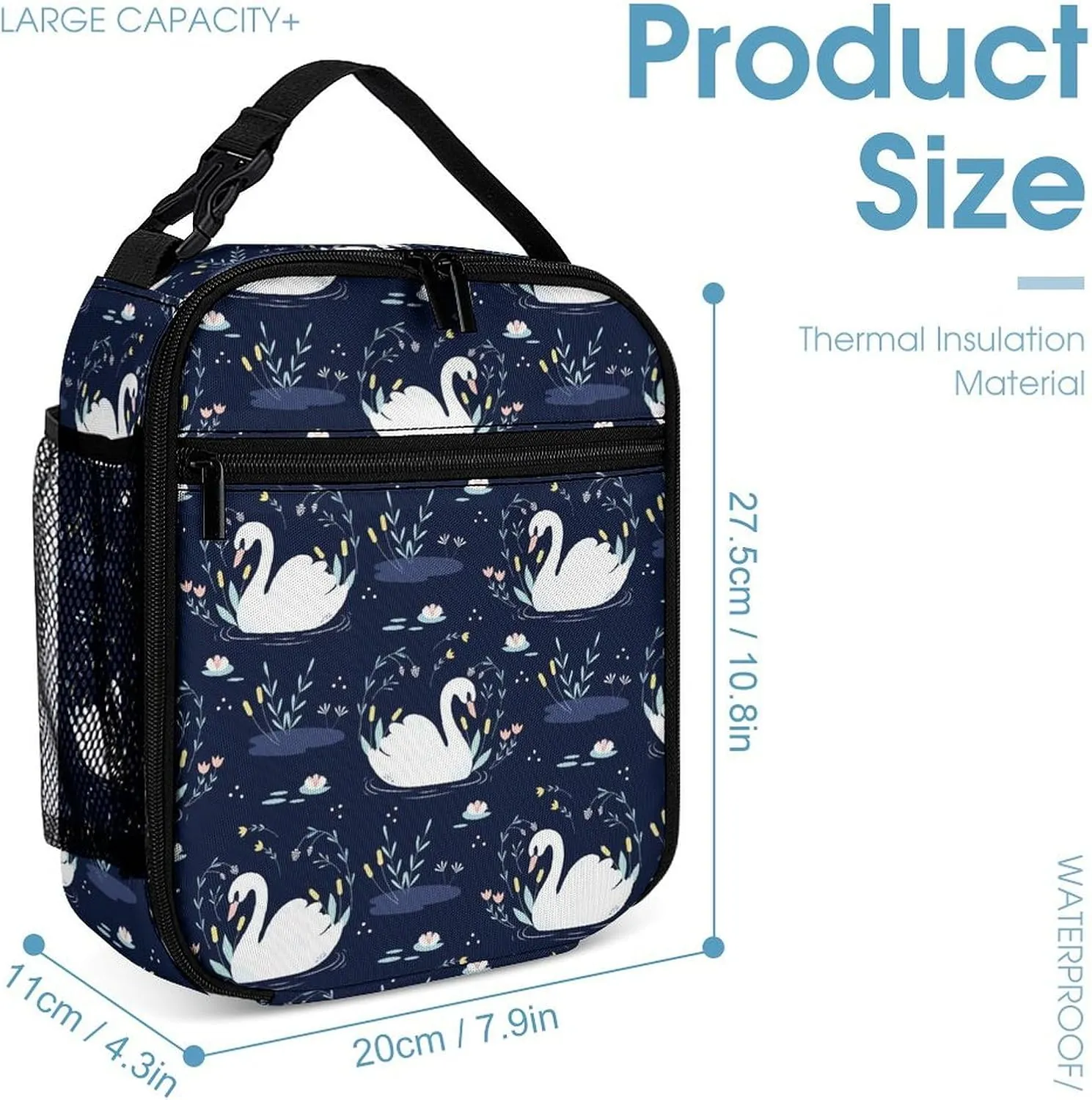 Swan Backpack with Lunch Box & Pencil Case, 16 Inch Cute Swans Themed Bookbag, Adjustable Lightweight Large Capacity, Colorful Daily Casual Backpacks Set with Lunch Bag