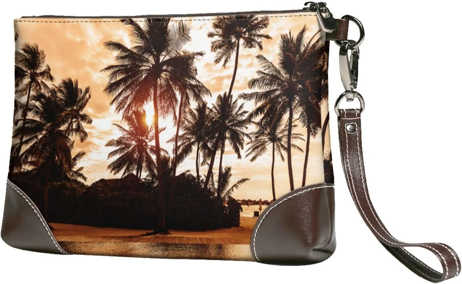 Tropical Sea Beach Palm Tree Sunset Women Leather Clutch Bag Wristlet Handbags Purses Evening Bag Clutch Purse