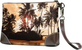 Tropical Sea Beach Palm Tree Sunset Women Leather Clutch Bag Wristlet Handbags Purses Evening Bag Clutch Purse
