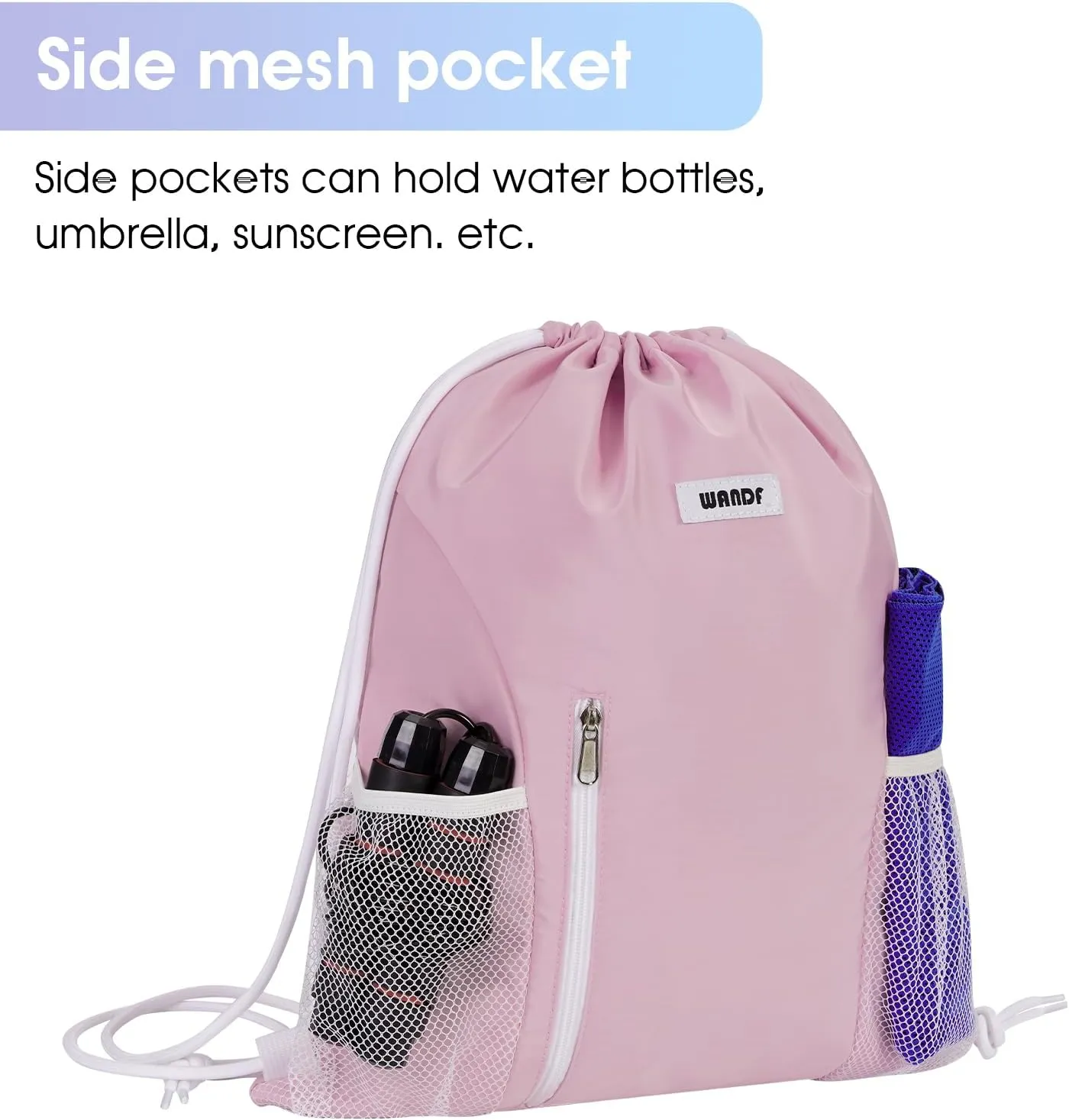 WANDF Drawstring Backpack Sports Gym Sackpack with Mesh Pockets Water Resistant String Bag for Women Men(Pink)