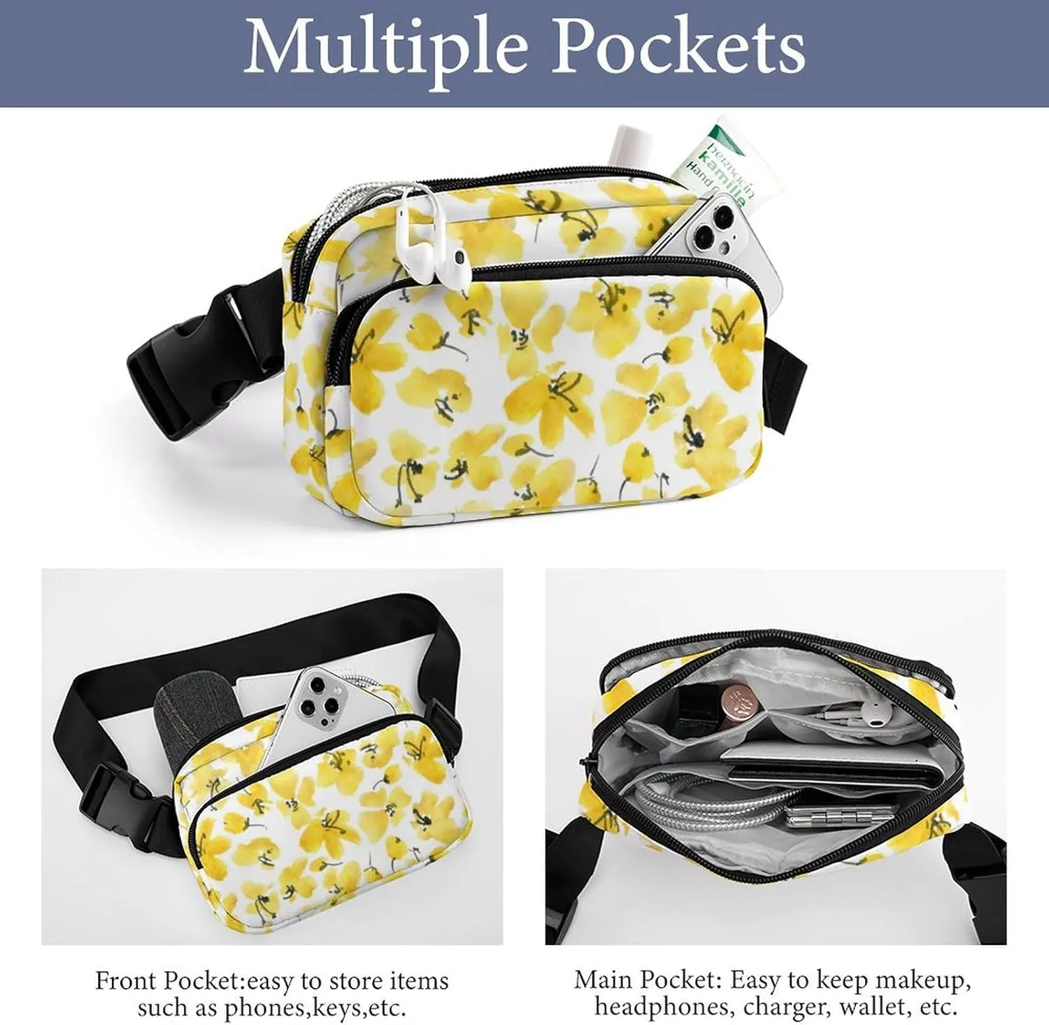 Watercolor Yellow Flower Belt Bag Fanny Pack for Women Men Art Crossbody Waist Bag Pack Adjustable Casual Bag for Travel Running Workout Cycling