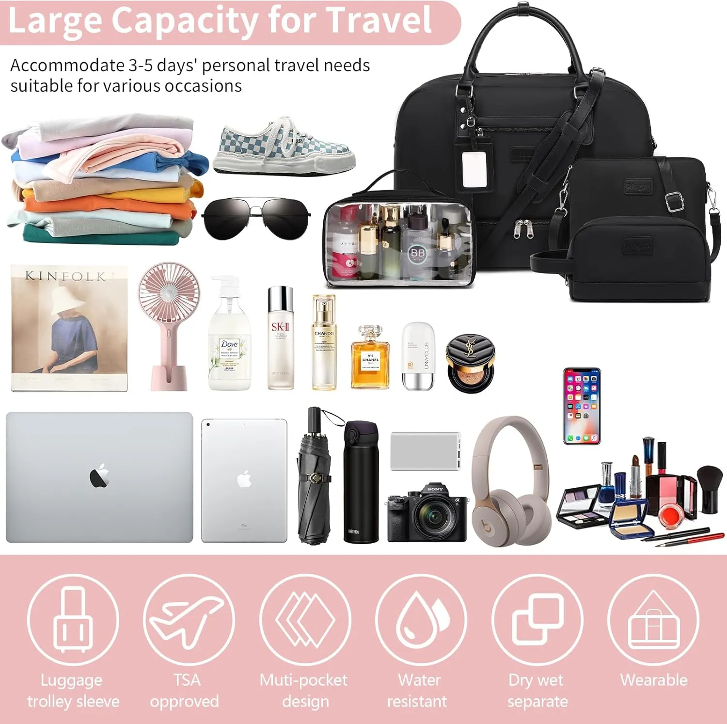 Wogarl Weekender Bags for Women Large Overnight Bag Weekend Travel Duffel Bag Carry on Shoulder with Shoe Compartment Toiletry Bag for Travel Business Gym